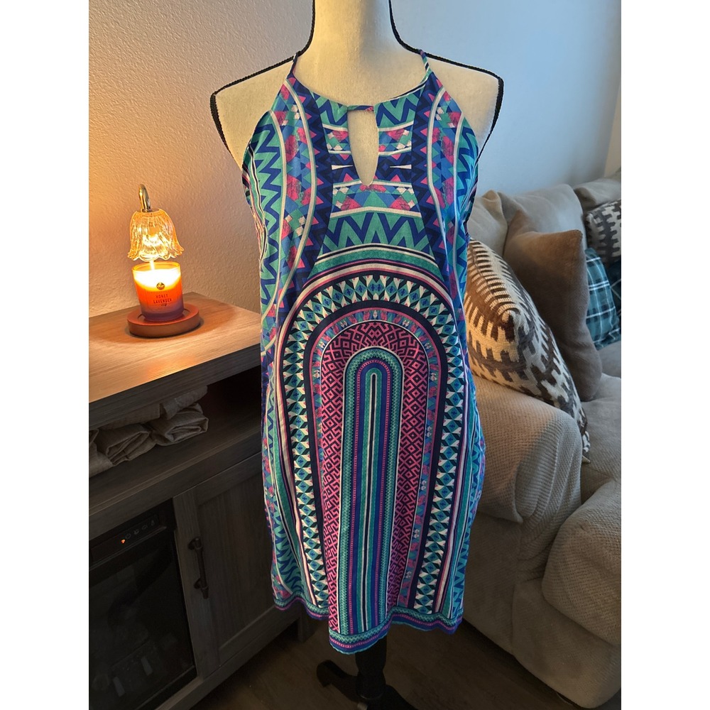 Renee C. Mini dress medium Halter Dress Colorful Print Sleeveless Summer Dress